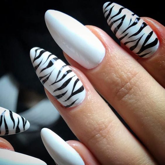 unhas brancas de animal print zebra