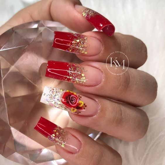 unhas vermelhas de gel com adesivos