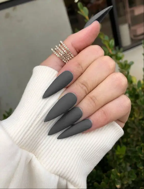 Tendência de unhas stiletto fosca decoradas