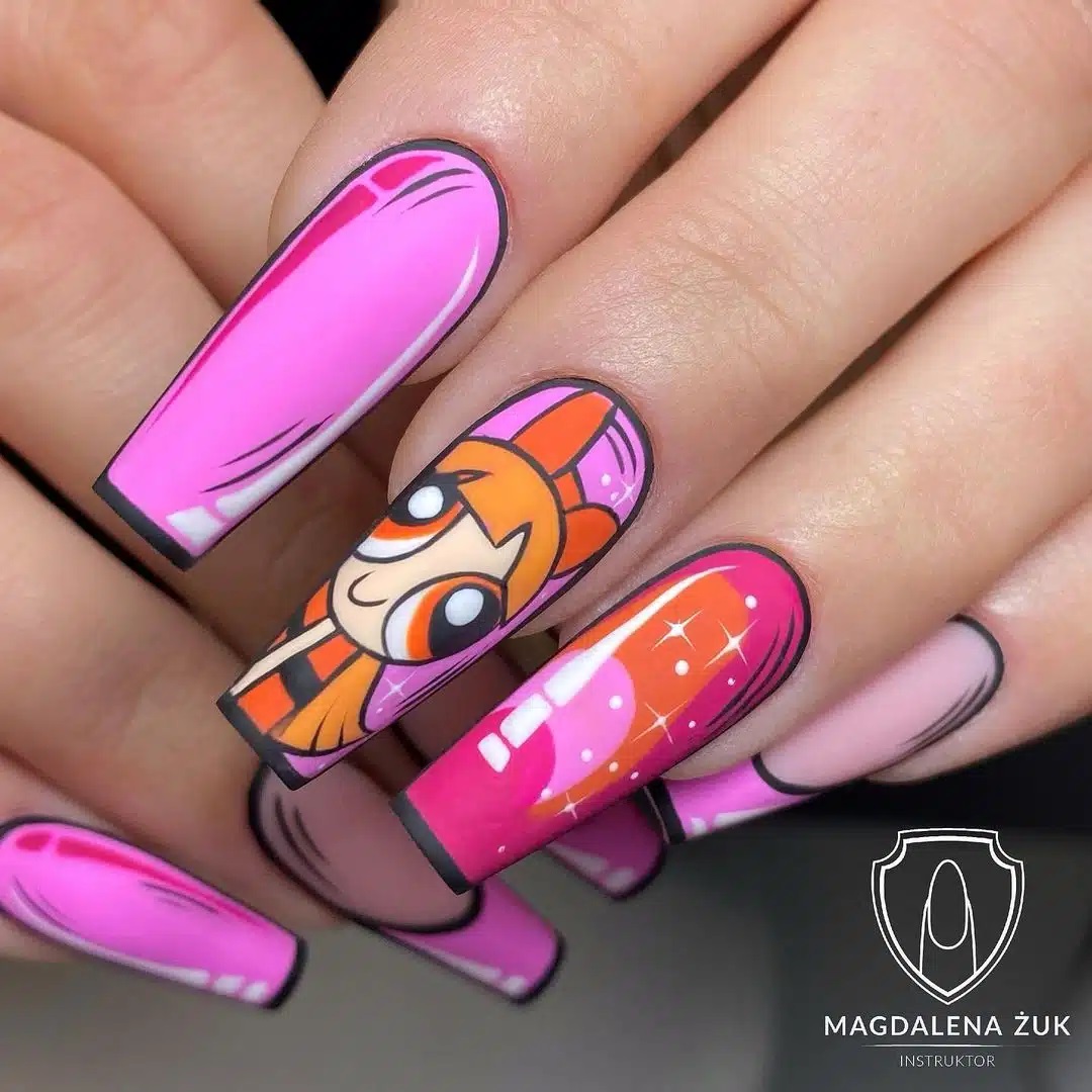 Exemplo de comic nails com as meninas super poderosas rosa