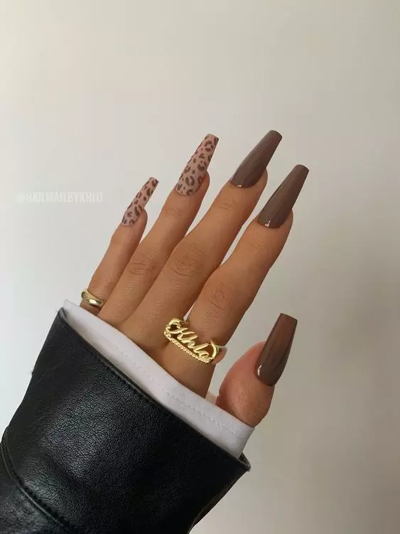 unhas longas na cor marrom com detalhe de animal print